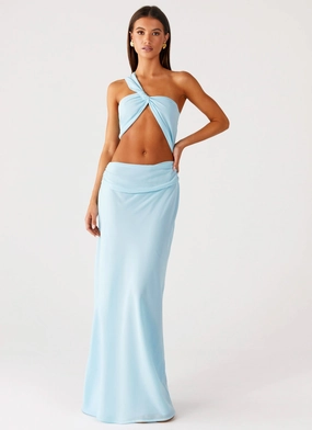 Tonal-Stitching Cindelle One Shoulder Maxi Dress - Turquoise