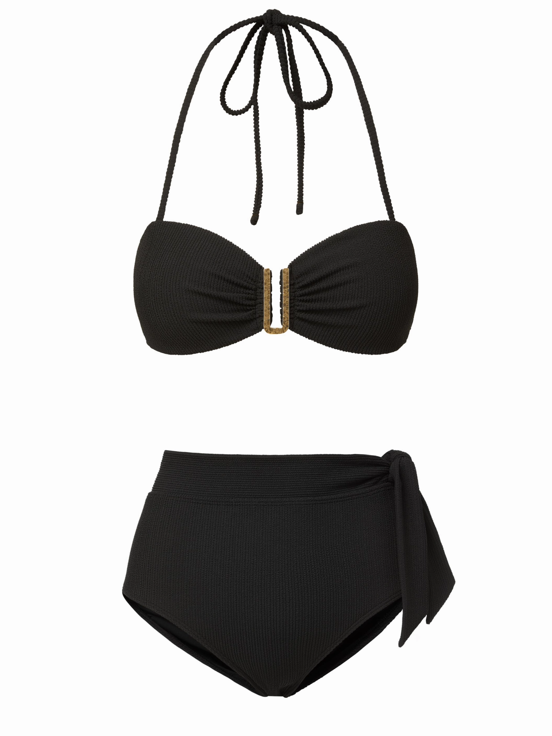 Cindy Top   Side Tie High Waist Bottom in Black Texture Cruelty Free