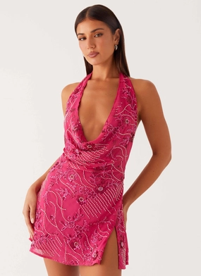 Bright-Hue Cinzia Beaded Mini Dress - Fuchsia