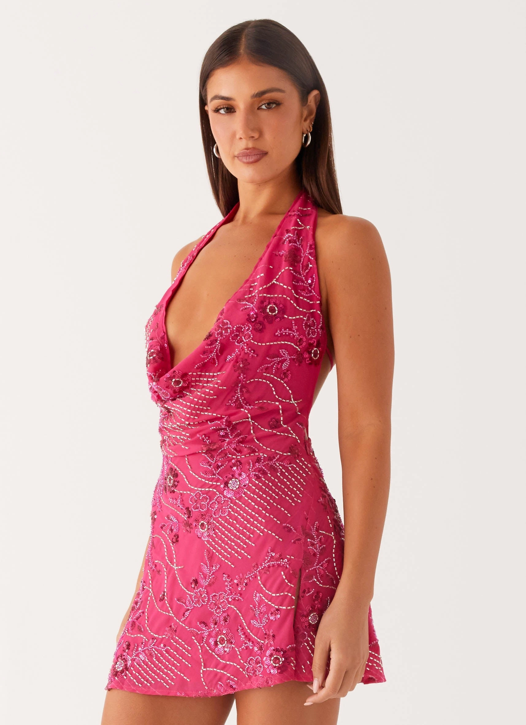 Cinzia Beaded Mini Dress - Fuchsia Side Ruching Subtle Finish