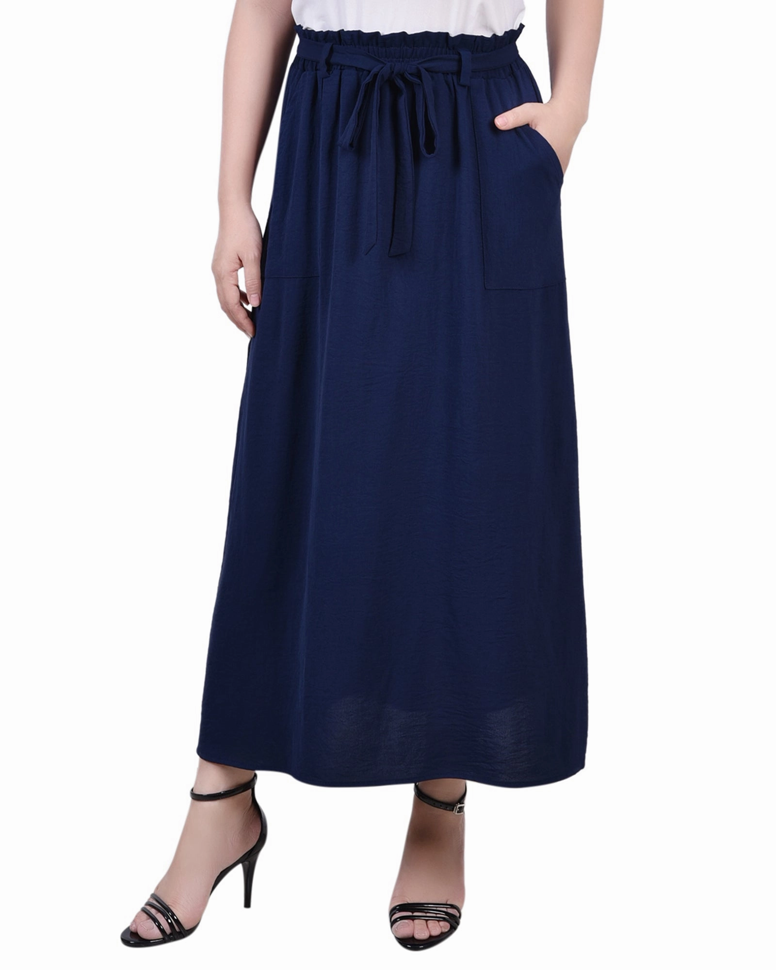 Button Details Stretch Material Ankle Length Belted A-Line Skirt