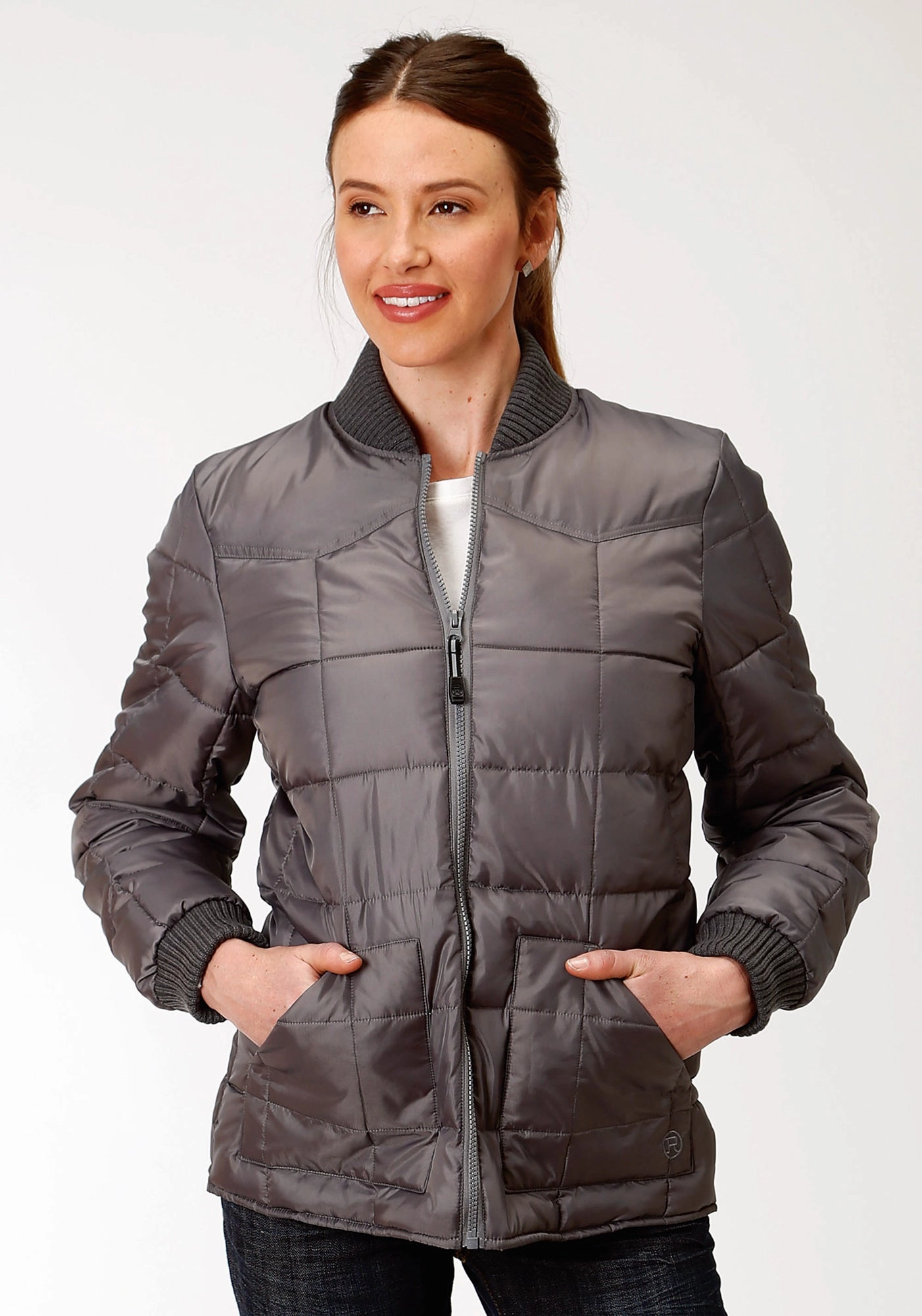 Anti Pilling Finish Adjustable drawstring Roper Womens Grey Polyester Quilted Insulated Jacket