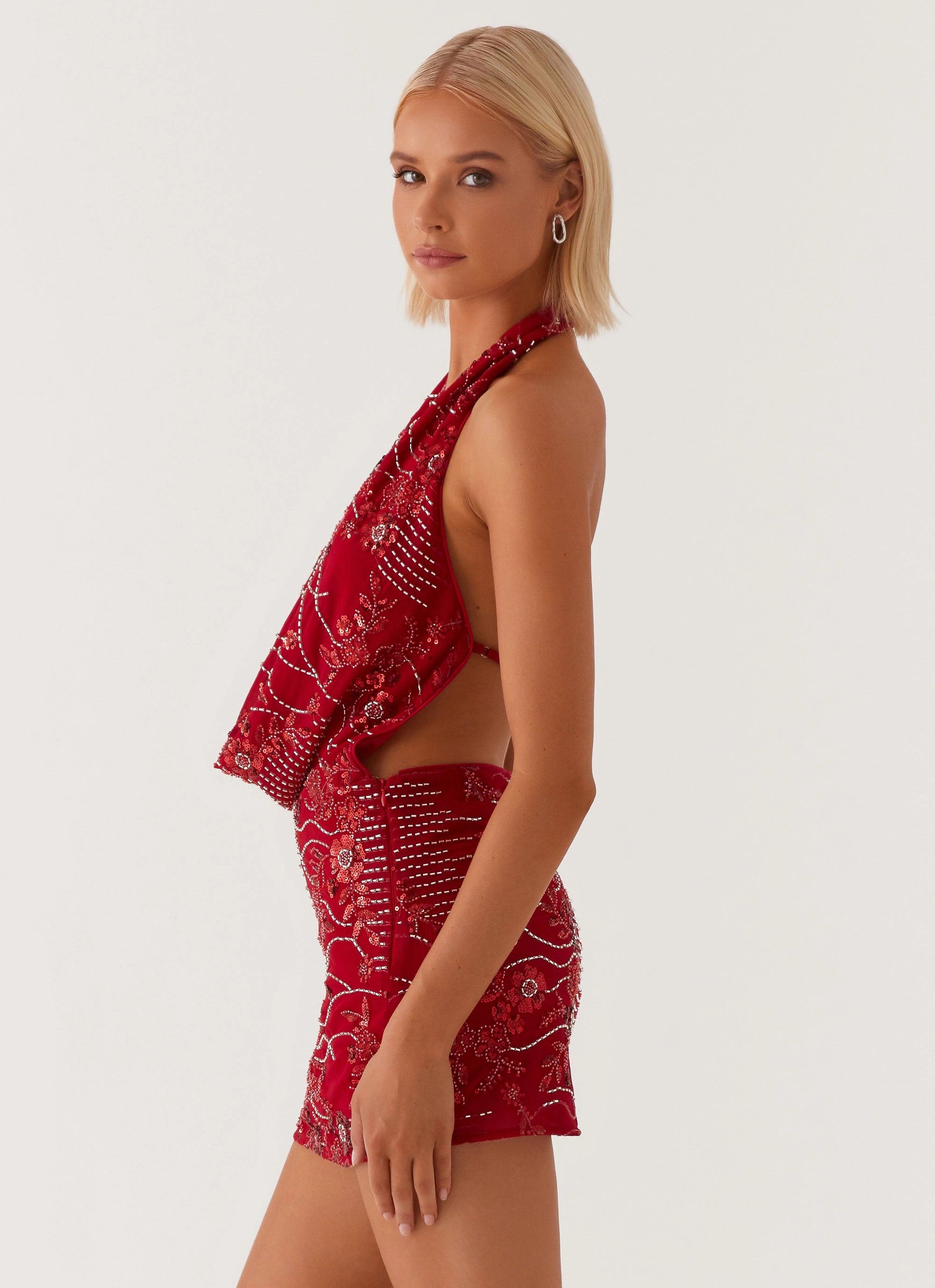 Olisa Cowl Neck Beaded Mini Dress - Red Cotton Skin