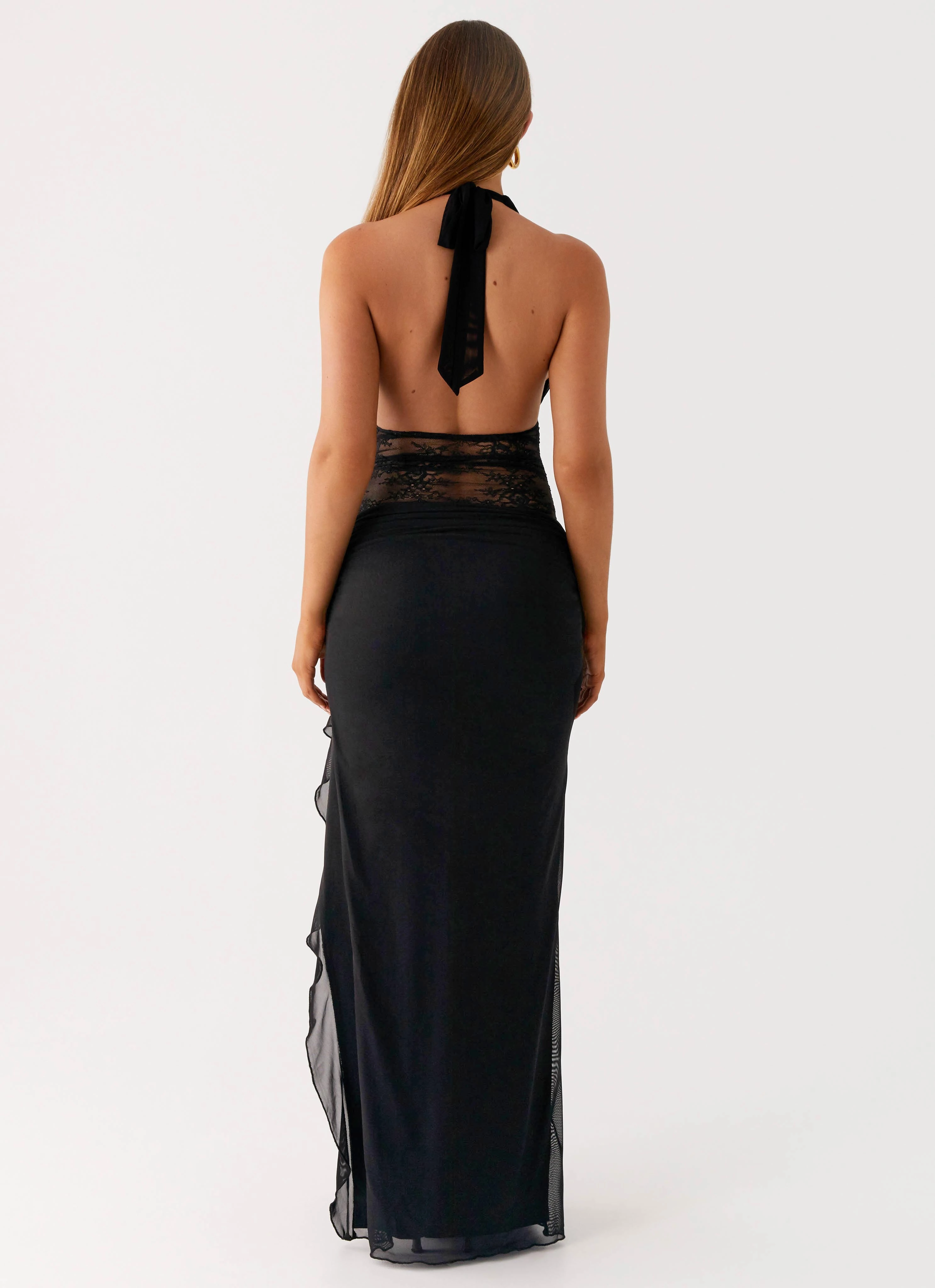 Wrenna Halter Neck Maxi Dress - Black Gathered Skirt