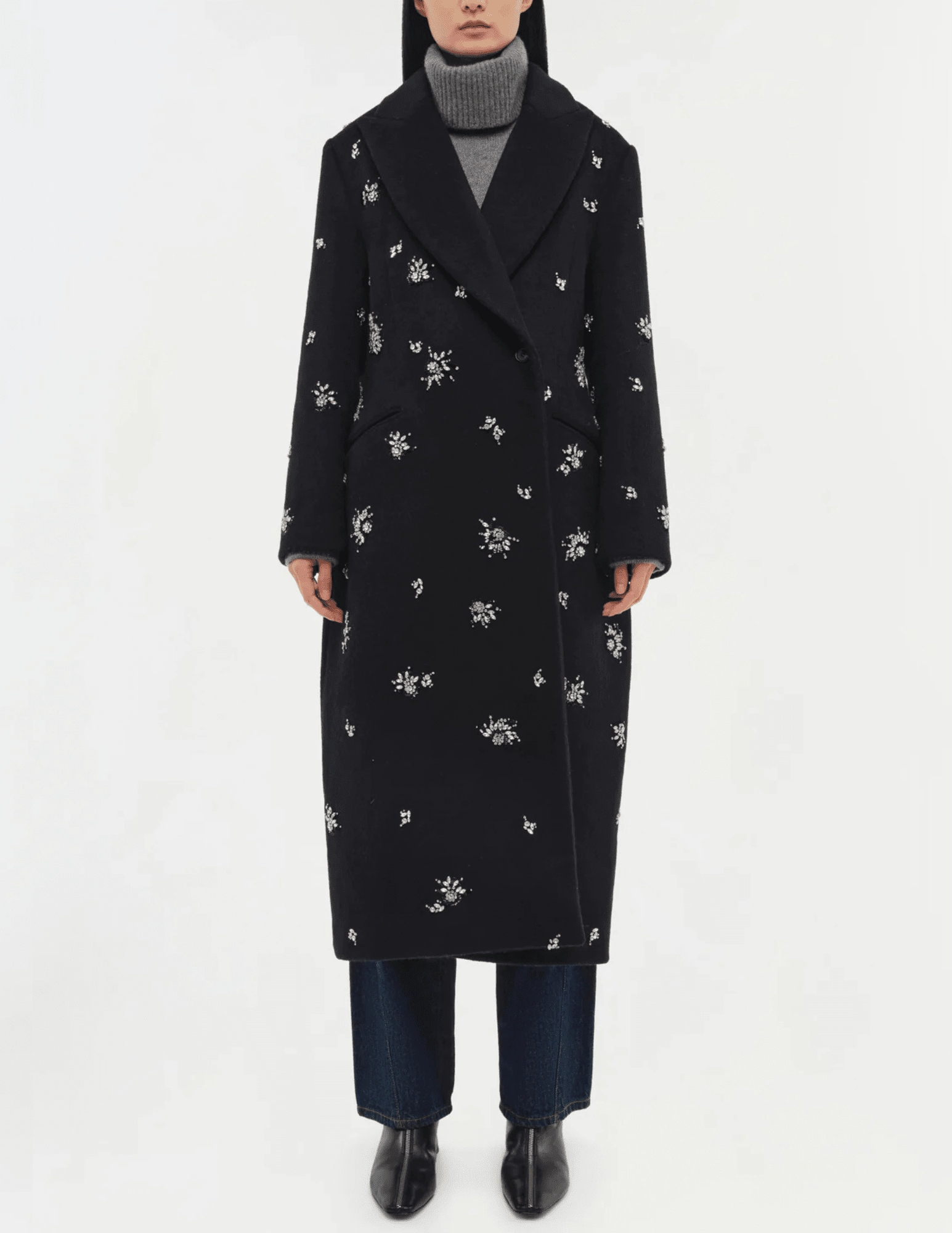 Simkhai Gianni Embellished Wool Coat in Black Anti Pilling Surface Taped Seam Construction