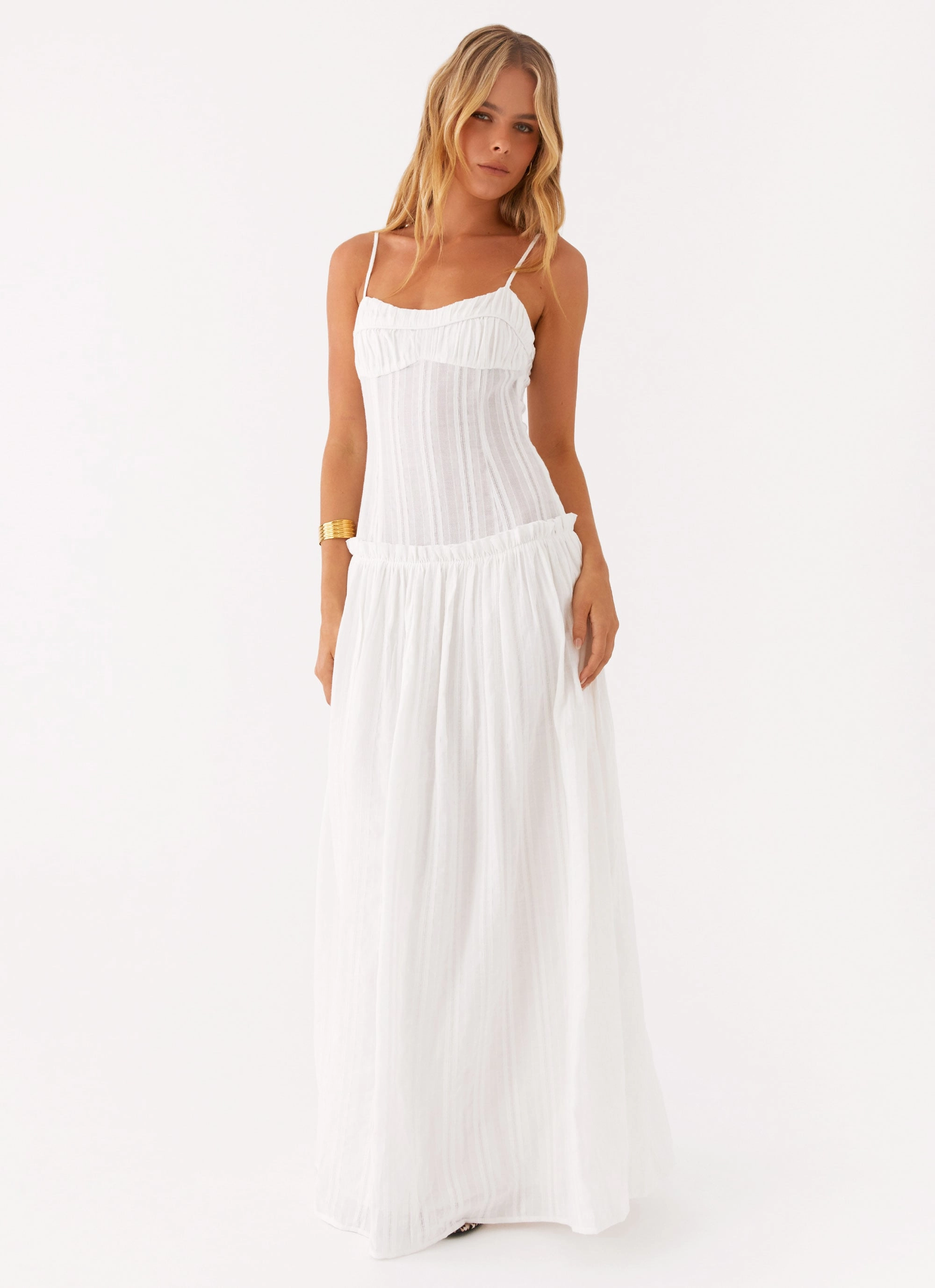 Jacinda Drop Waist Maxi Dress - Ivory Satin-Edge Sleek Drape