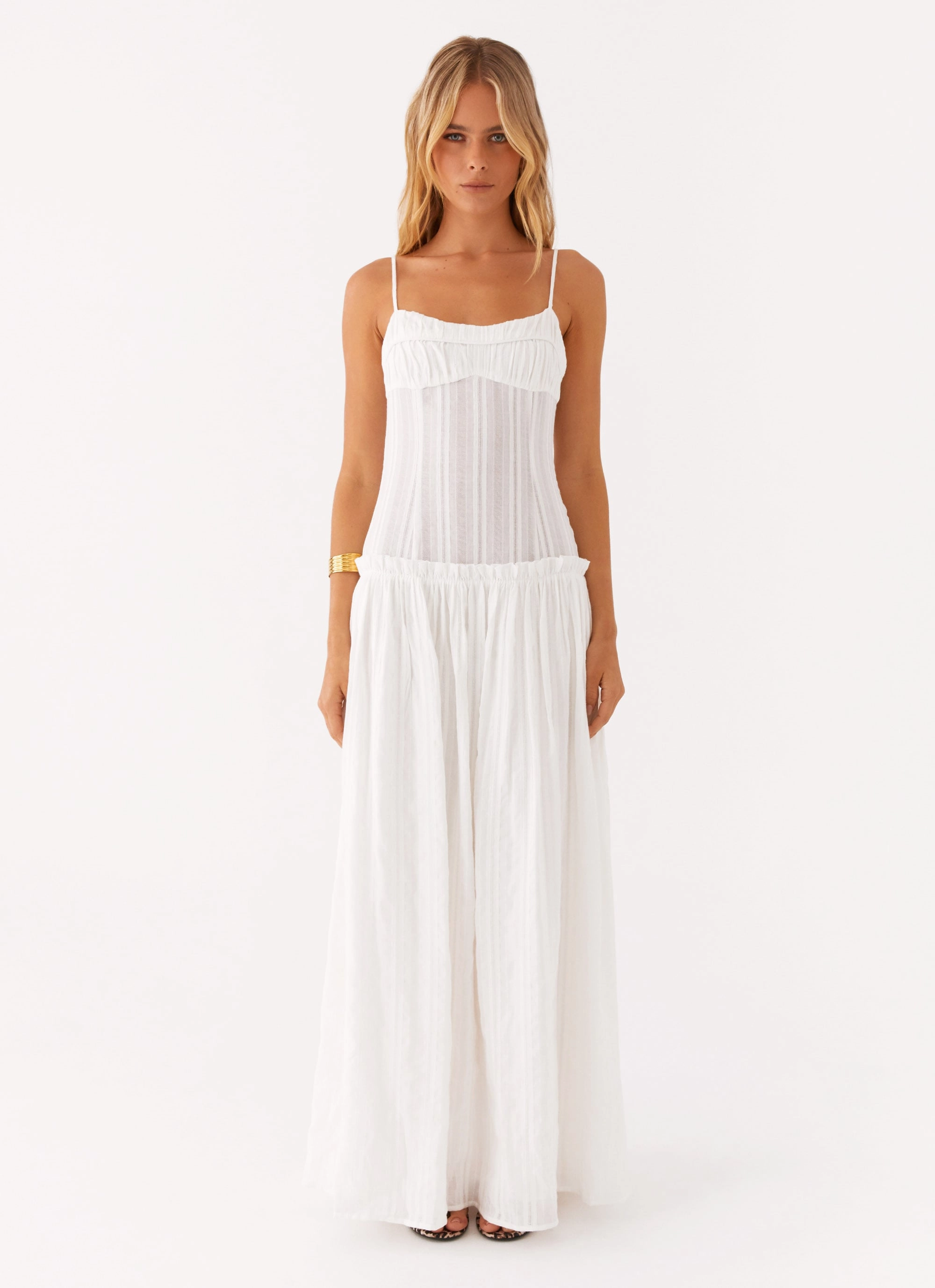 Jacinda Drop Waist Maxi Dress - Ivory Silky Silhouette