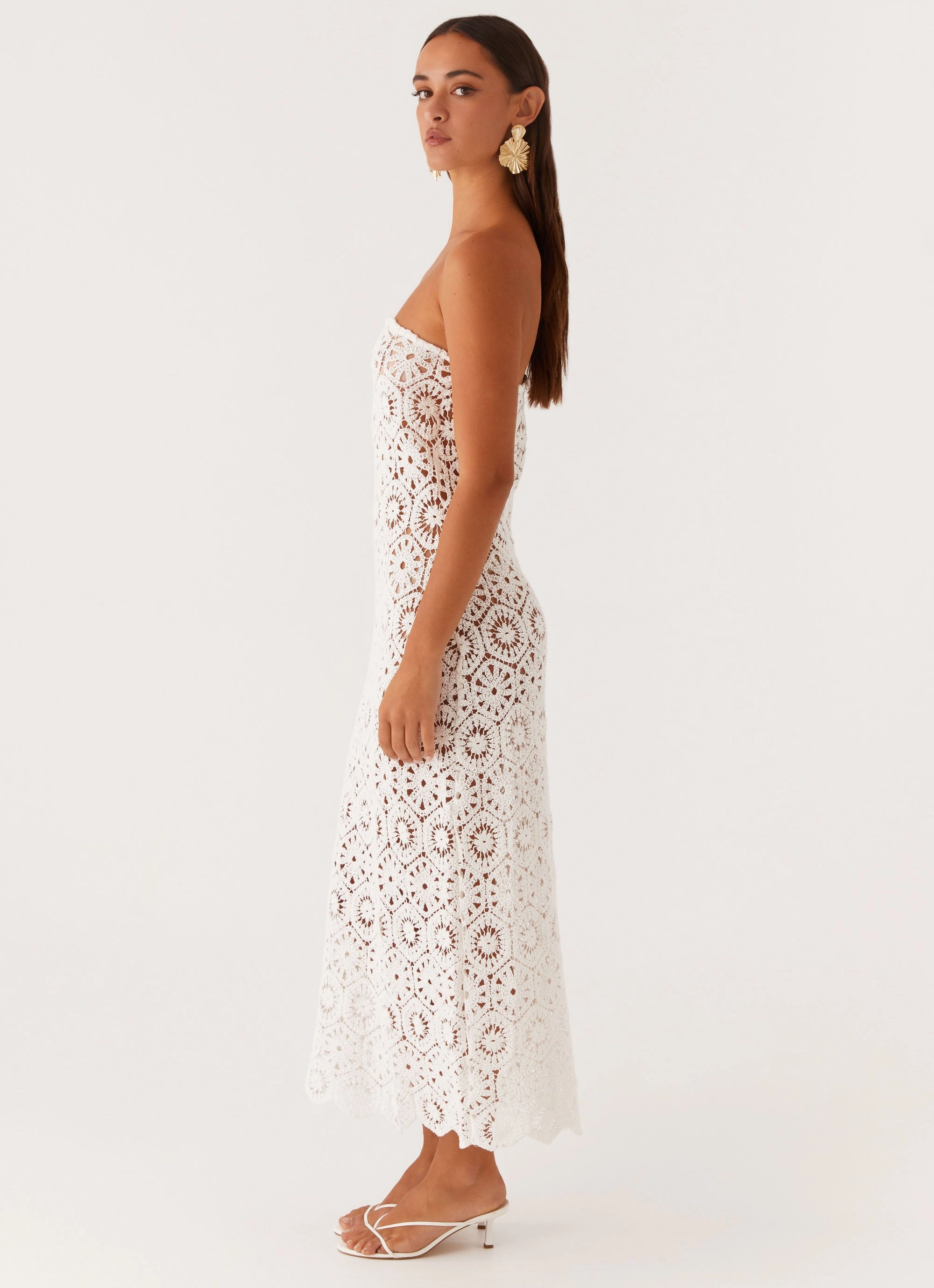 Clean Mood Snap-Closure Kingsly Crochet Maxi Dress - White