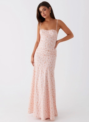 Britney Maxi Dress - Pink Ditsy Floral Satin-Finish