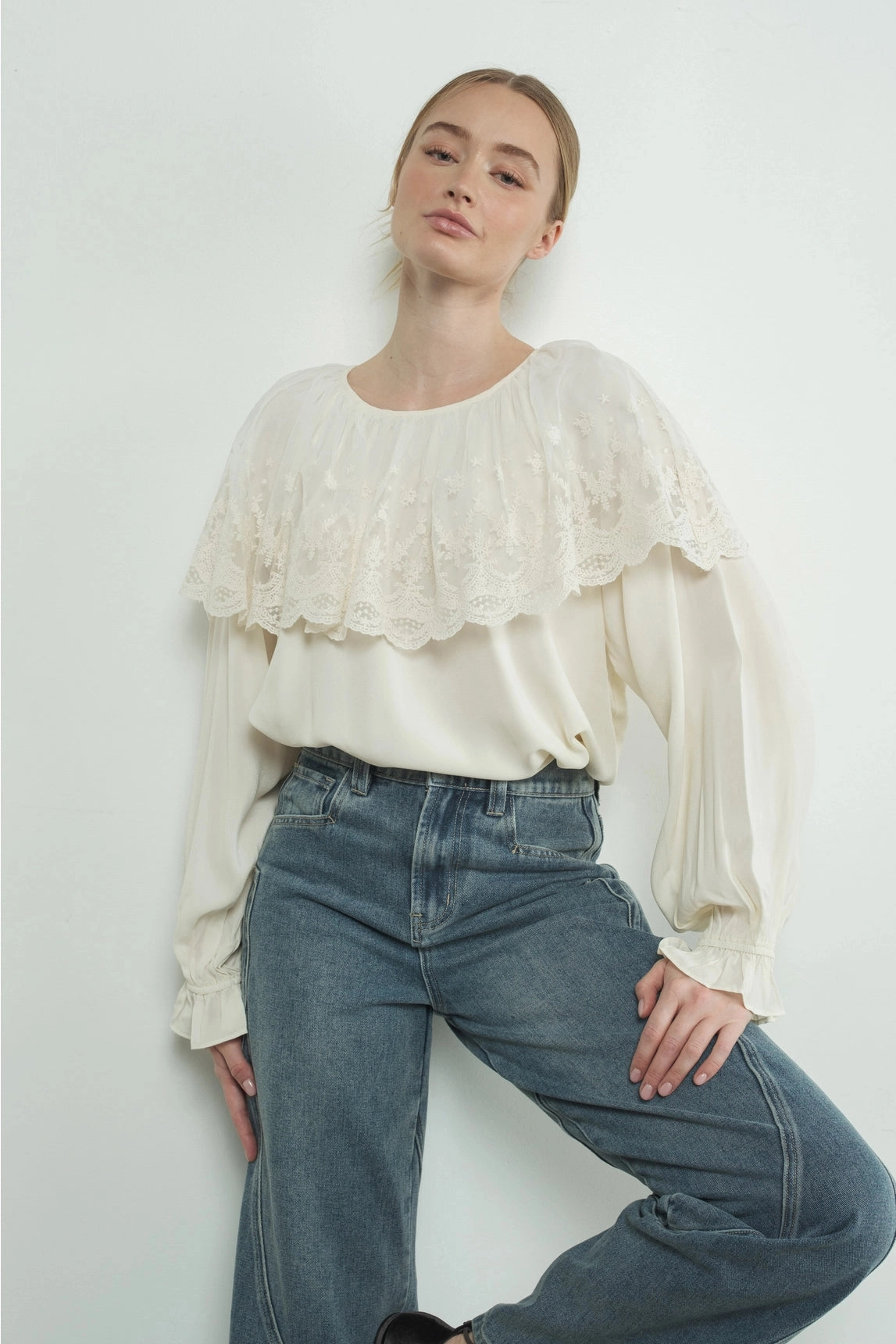 Lace Cape Blouse Top - Cream Taped Neckline