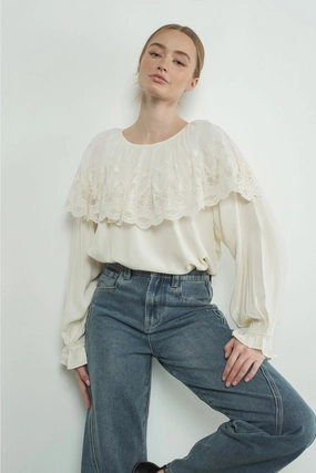 Lace Cape Blouse Top - Cream Taped Neckline