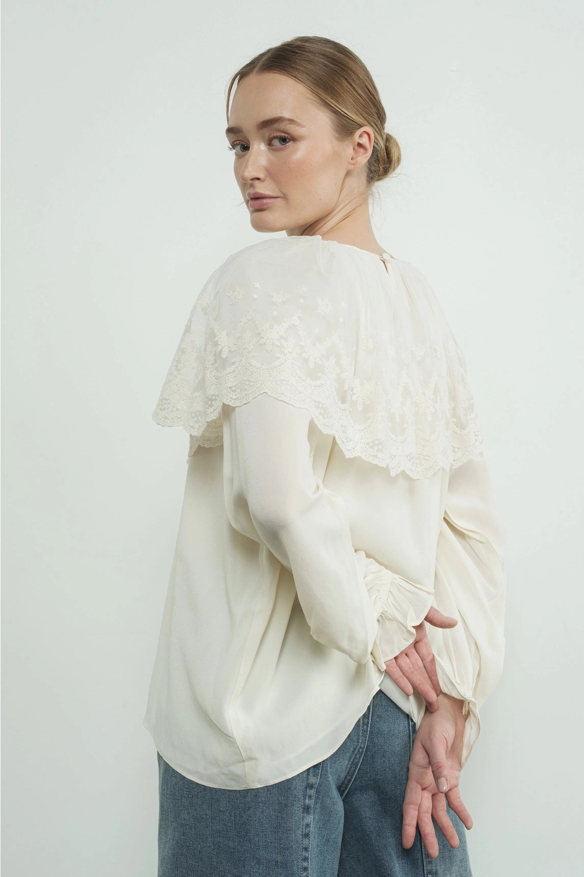 Lace Cape Blouse Top - Cream LayeredPanel Flexible Ribbing