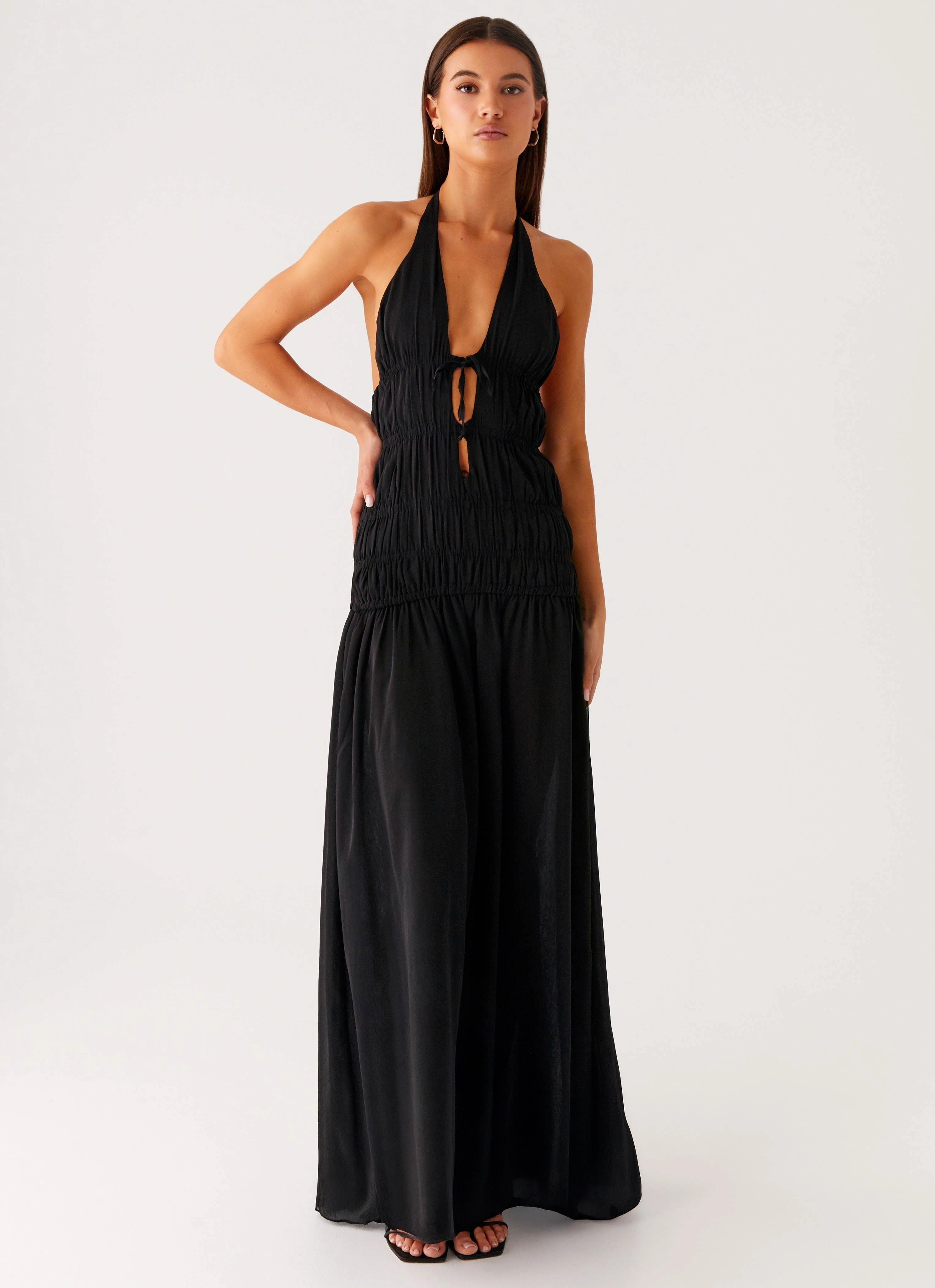 Stylish Layer Dione Halter Maxi Dress - Black