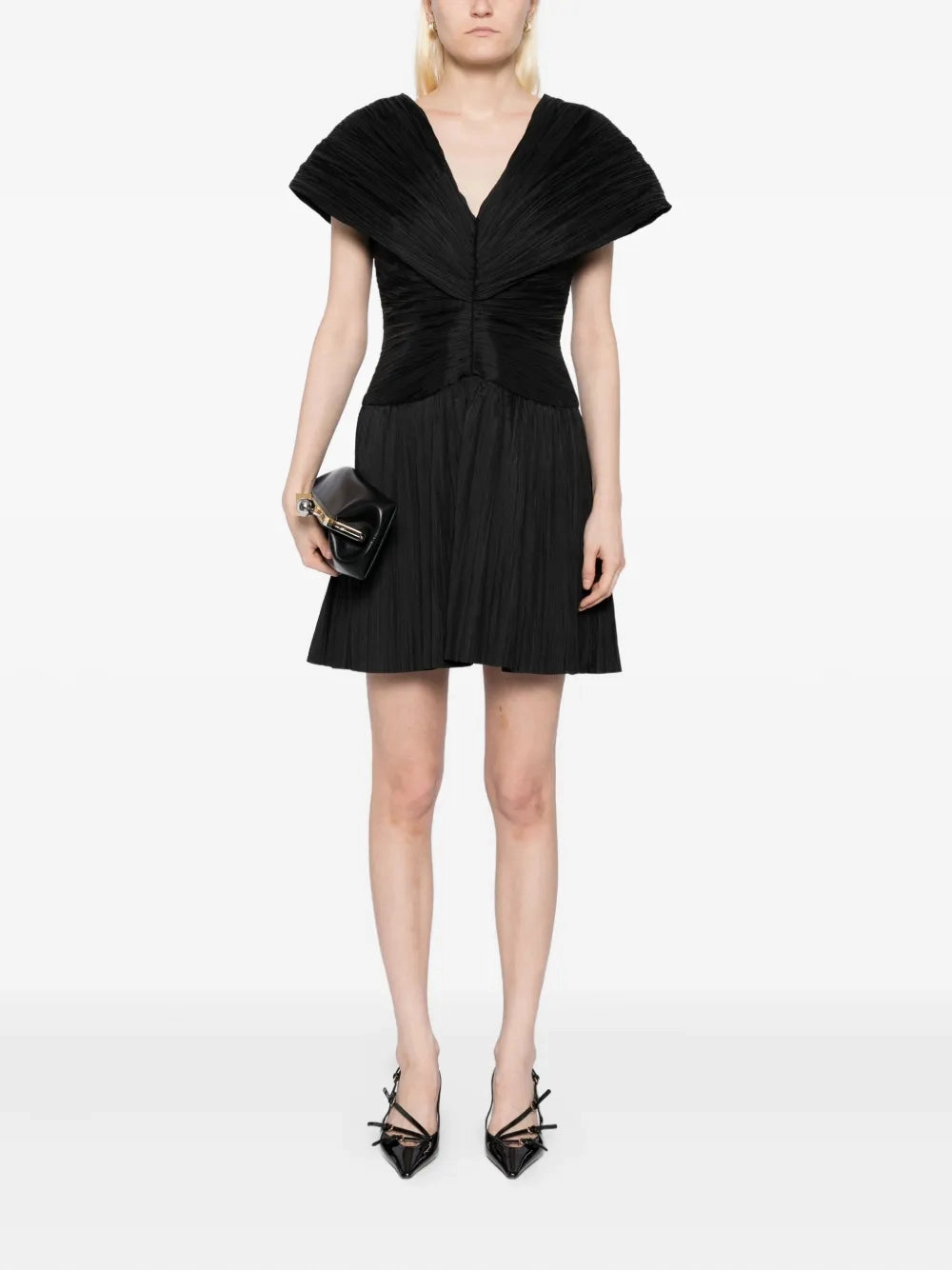 Avarie Plisse Mini Dress in Black Silky-Feel Soft Draping