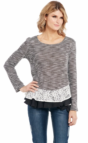 Winter Fashion Sustainable Sourcing Certified Cowgirl Up Womens Gray Polyester Laced Trim Sweater