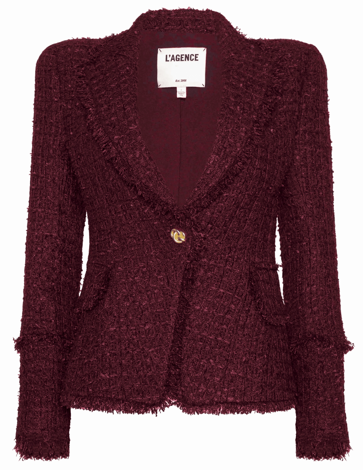 Collar Stabilization System Classic Look L'AGENCE Kaisley Frayed Hem Tweed Blazer