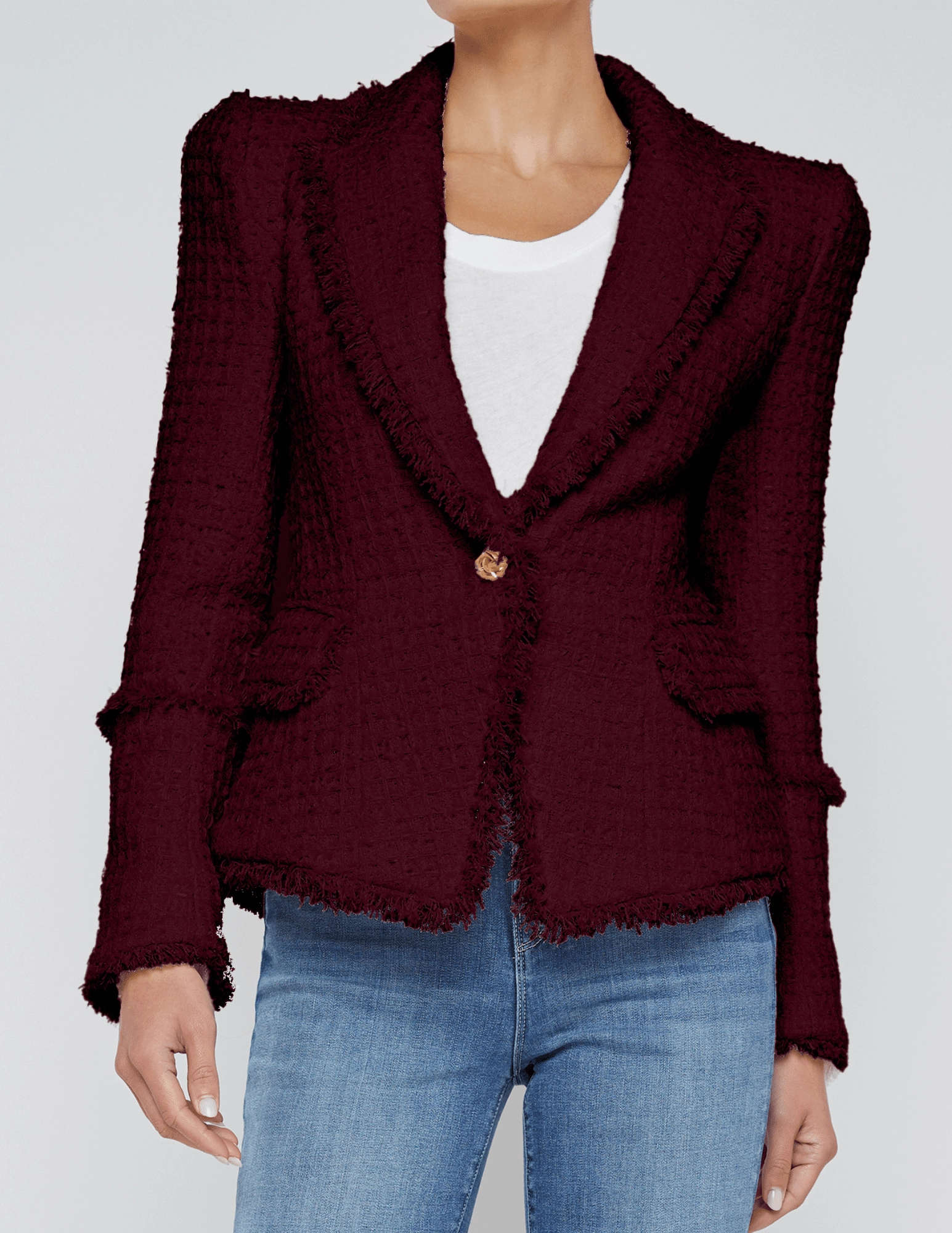 Soft Lined Interior Light Look L'AGENCE Kaisley Frayed Hem Tweed Blazer