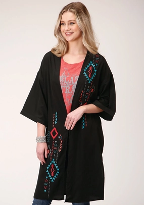 Roper Womens Black Polyester Southwestern Kimono Cardigan Snug Knit Moisture wicking