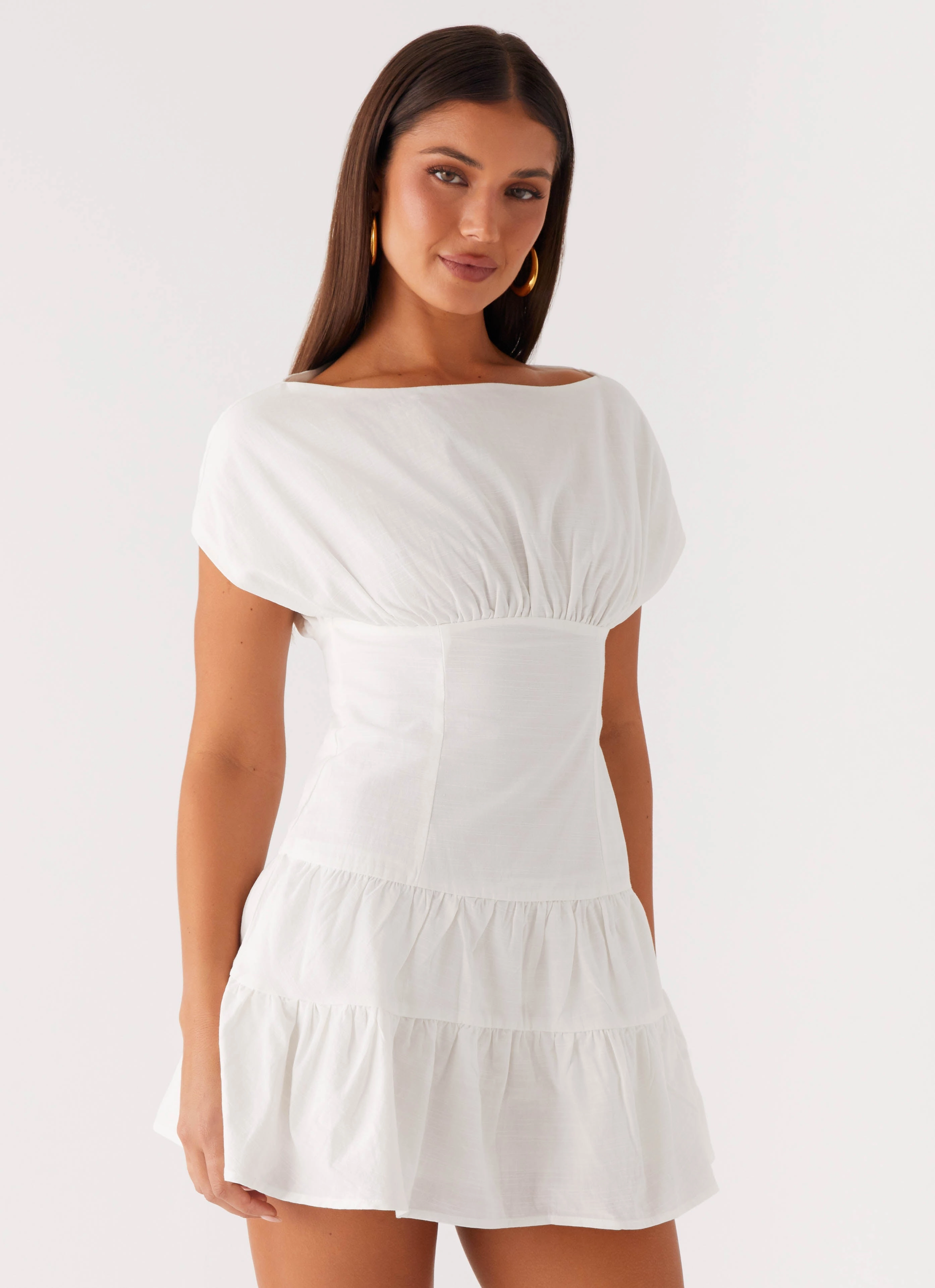 Flattering Silhouette Grace Color Ember Haze Boat Neck Mini Dress - Off White