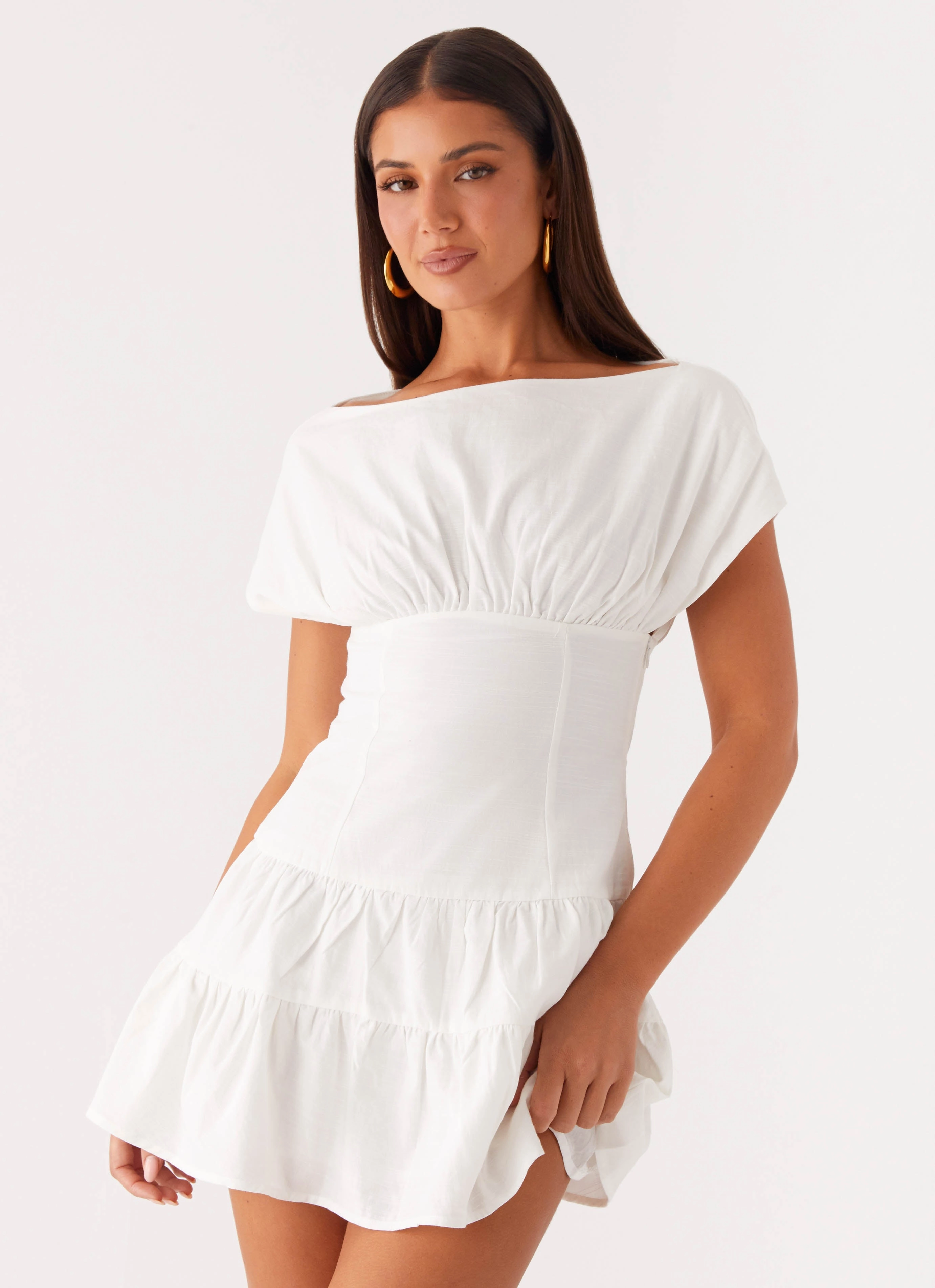 Ember Haze Boat Neck Mini Dress - Off White MoldResistantTexture
