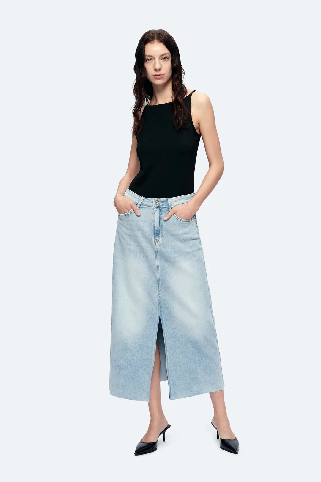 Bold Waistband Denim Midi Skirt