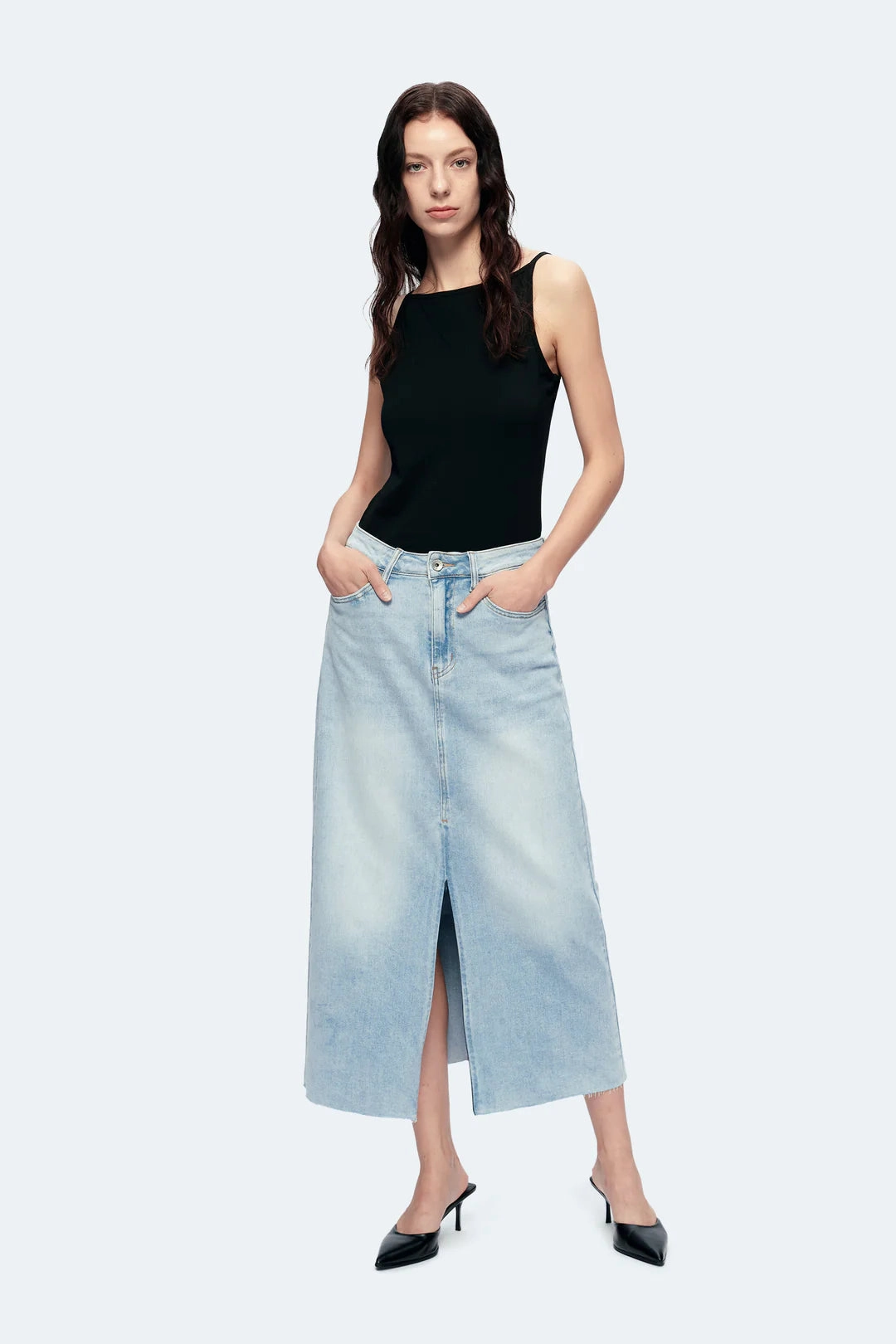 Denim Midi Skirt Work Comfort Fashionable Cut
