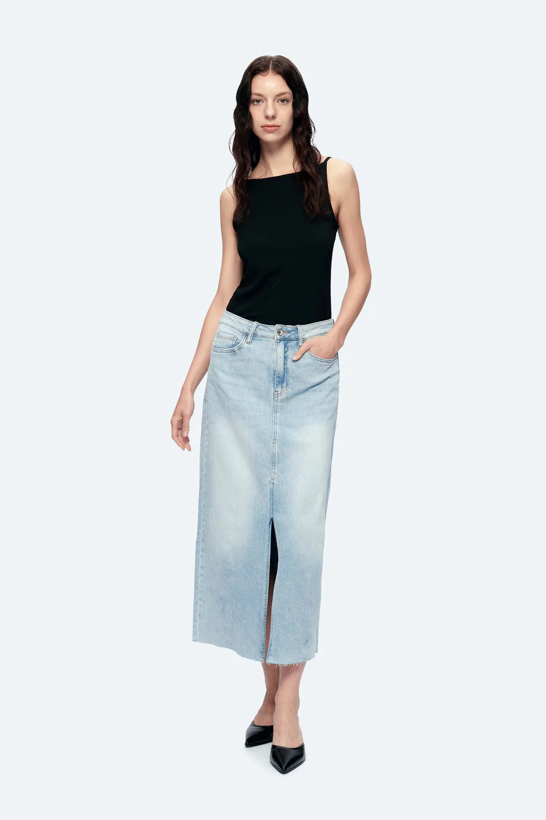 LowImpact Dye Process QuickDryTechnology Denim Midi Skirt