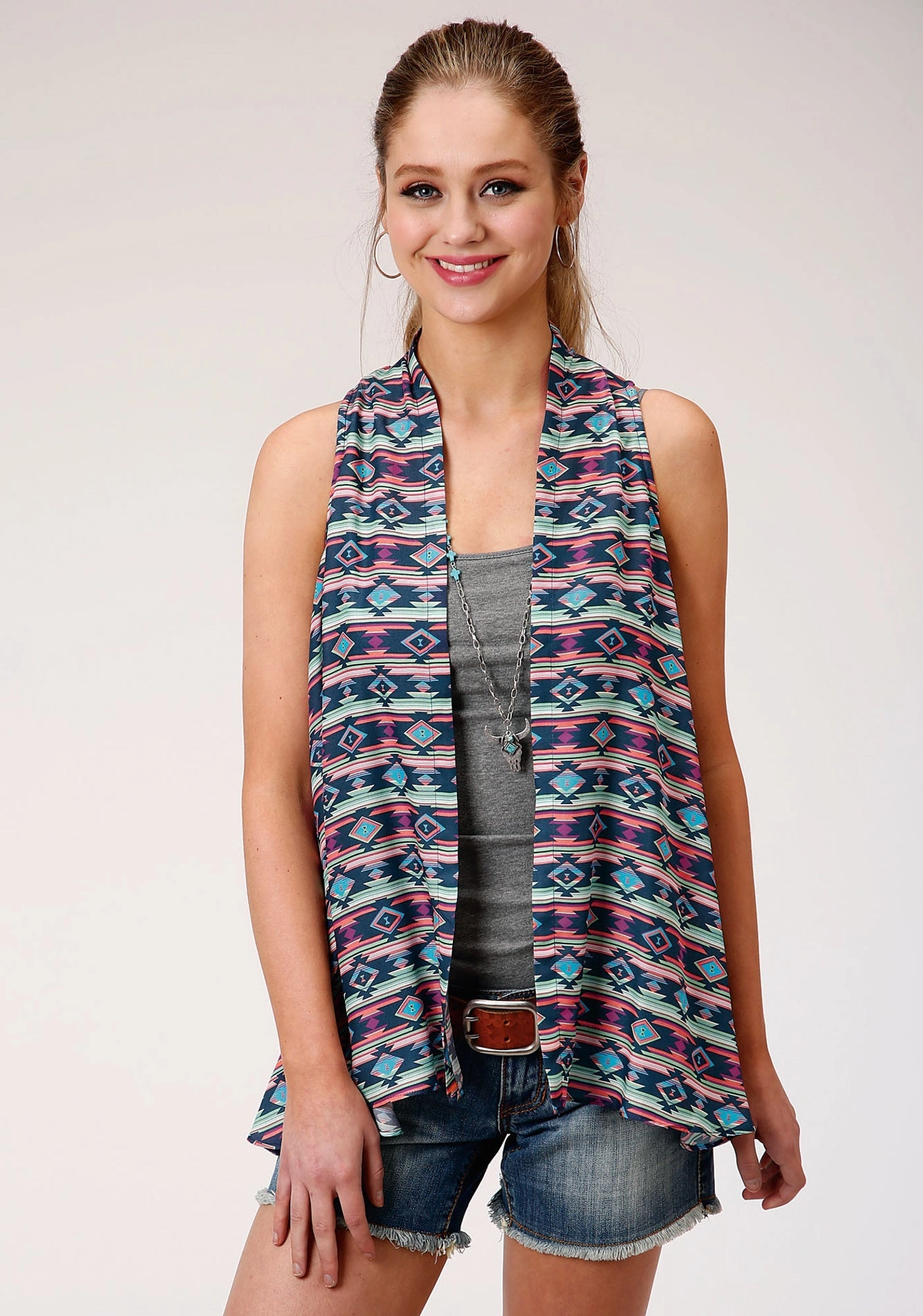 Versatile Comfort Seasonal Layer Roper Womens Blue/Pink Rayon/Nylon Aztec Cardigan