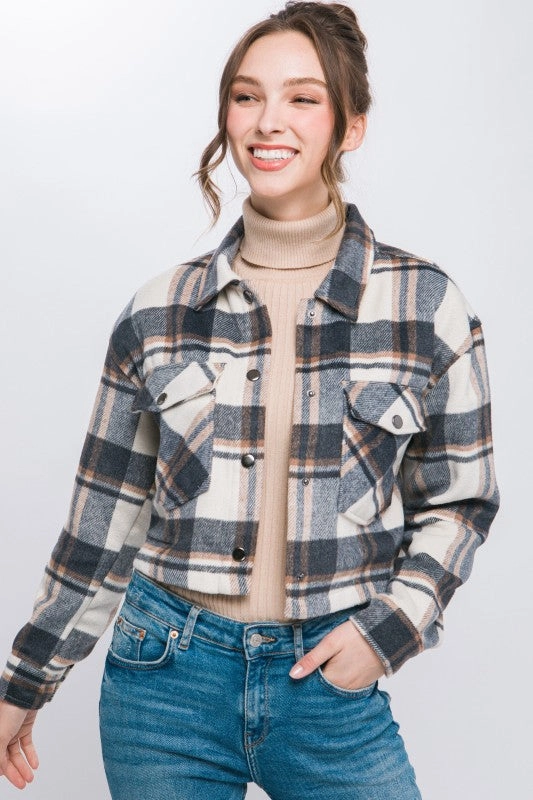 Relaxed Layers Brian Plaid Cropped Button Down Jacket