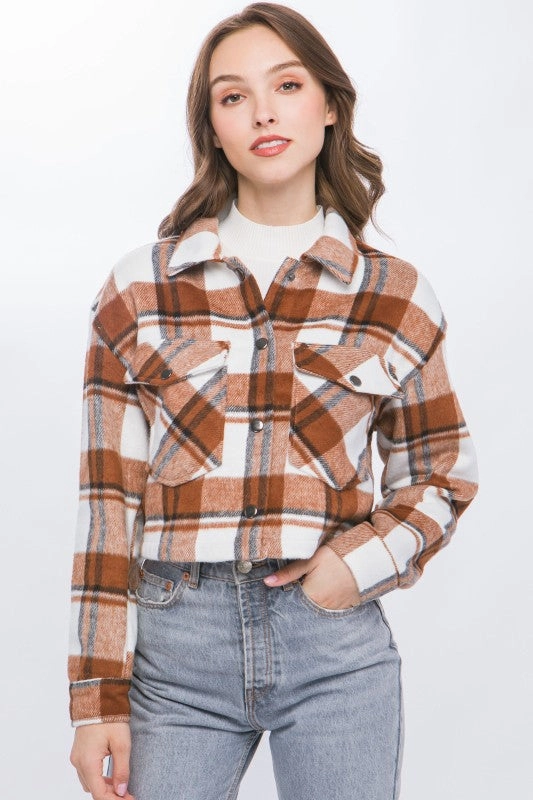 Abrasion Resistant Edges Brian Plaid Cropped Button Down Jacket