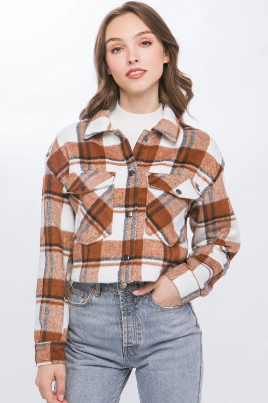 Brian Plaid Cropped Button Down Jacket No Roll Collar Technology