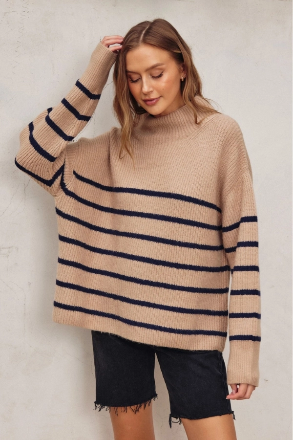 High Neck Striped Sweater - Tan & Black TaglessDesign MidweightJersey