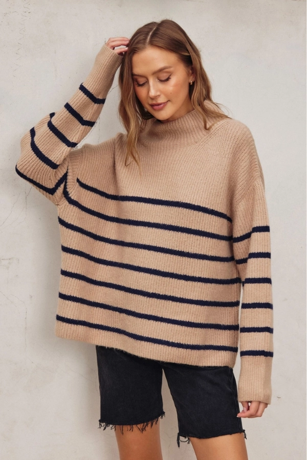 High Neck Striped Sweater - Tan & Black Elegant Look Thermal Insulation Tech