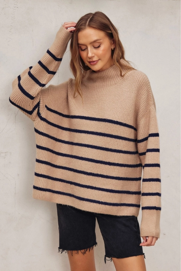 High Neck Striped Sweater - Tan & Black Cozy Wear Seamless Knit Design