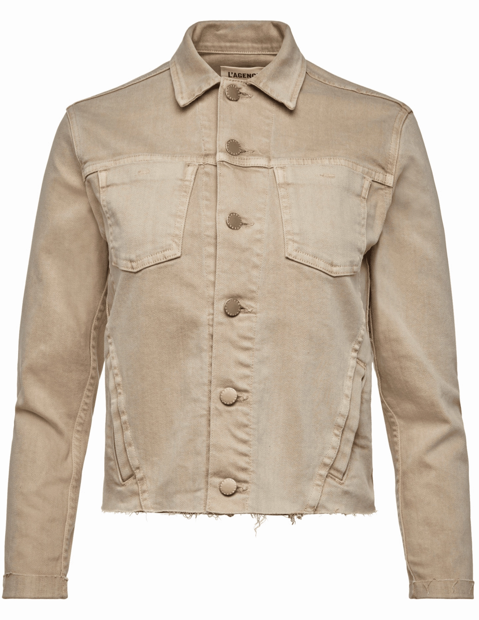 Recycled Material Construction L'AGENCE Janelle Slim Denim Jacket in Biscuit