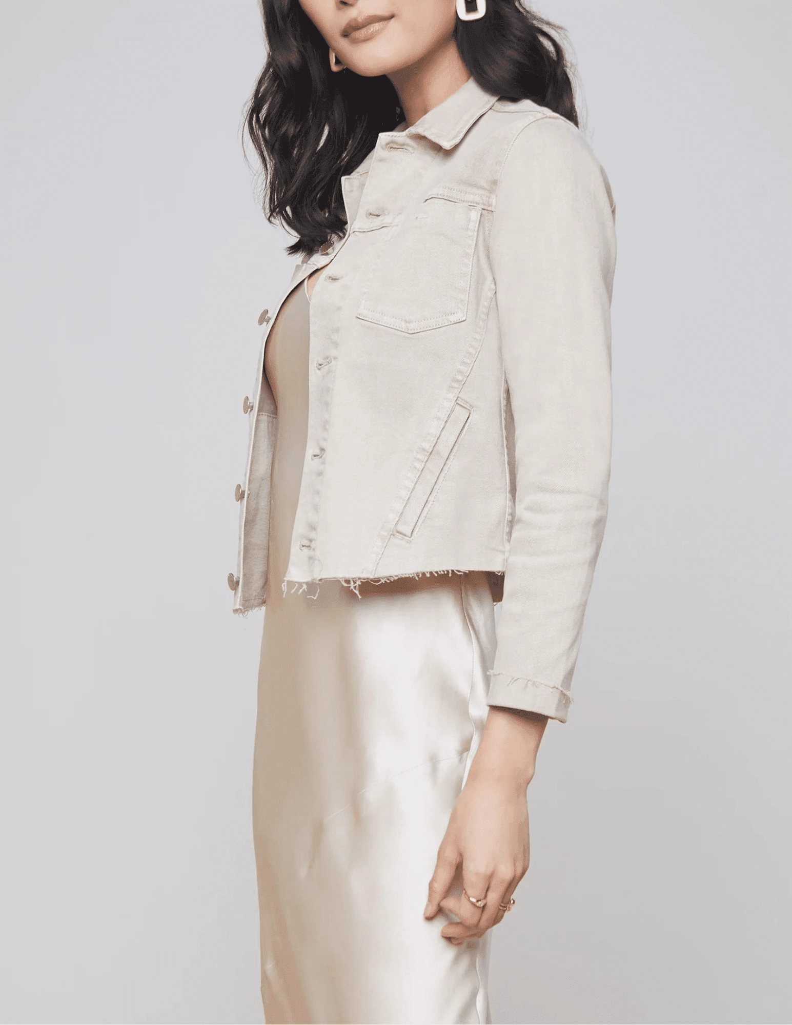 Snow Day L'AGENCE Janelle Slim Denim Jacket in Biscuit
