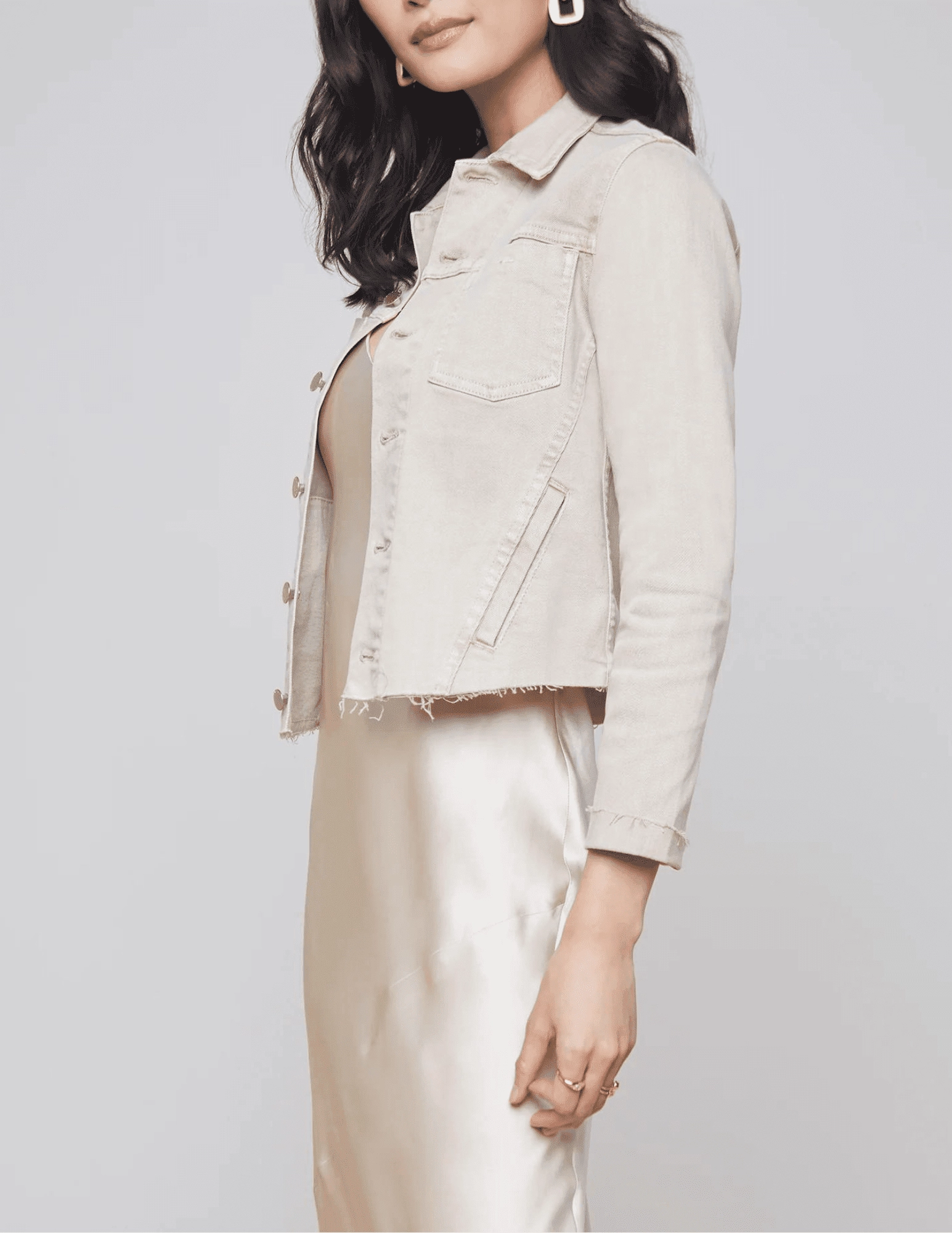 hypoallergenic material Stylish Look L'AGENCE Janelle Slim Denim Jacket in Biscuit