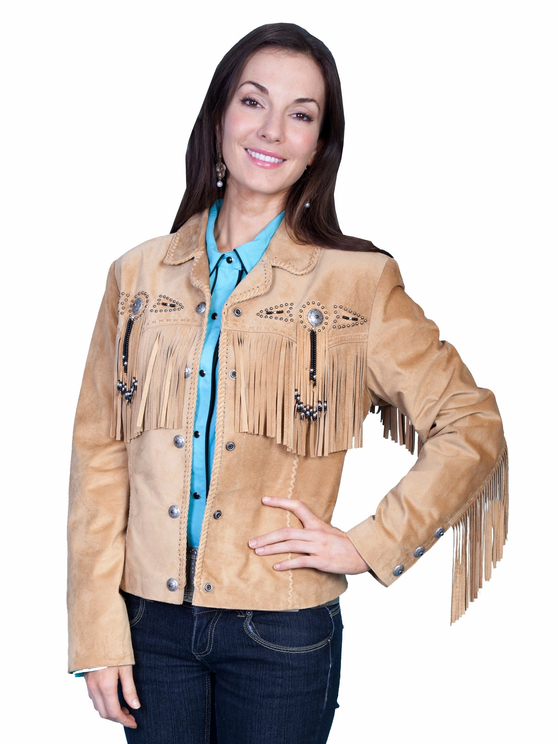 Scully Leather Womens Beaded Fringe Conchos Boar Suede Jacket Old Rust Simple Outer Layer Up Style