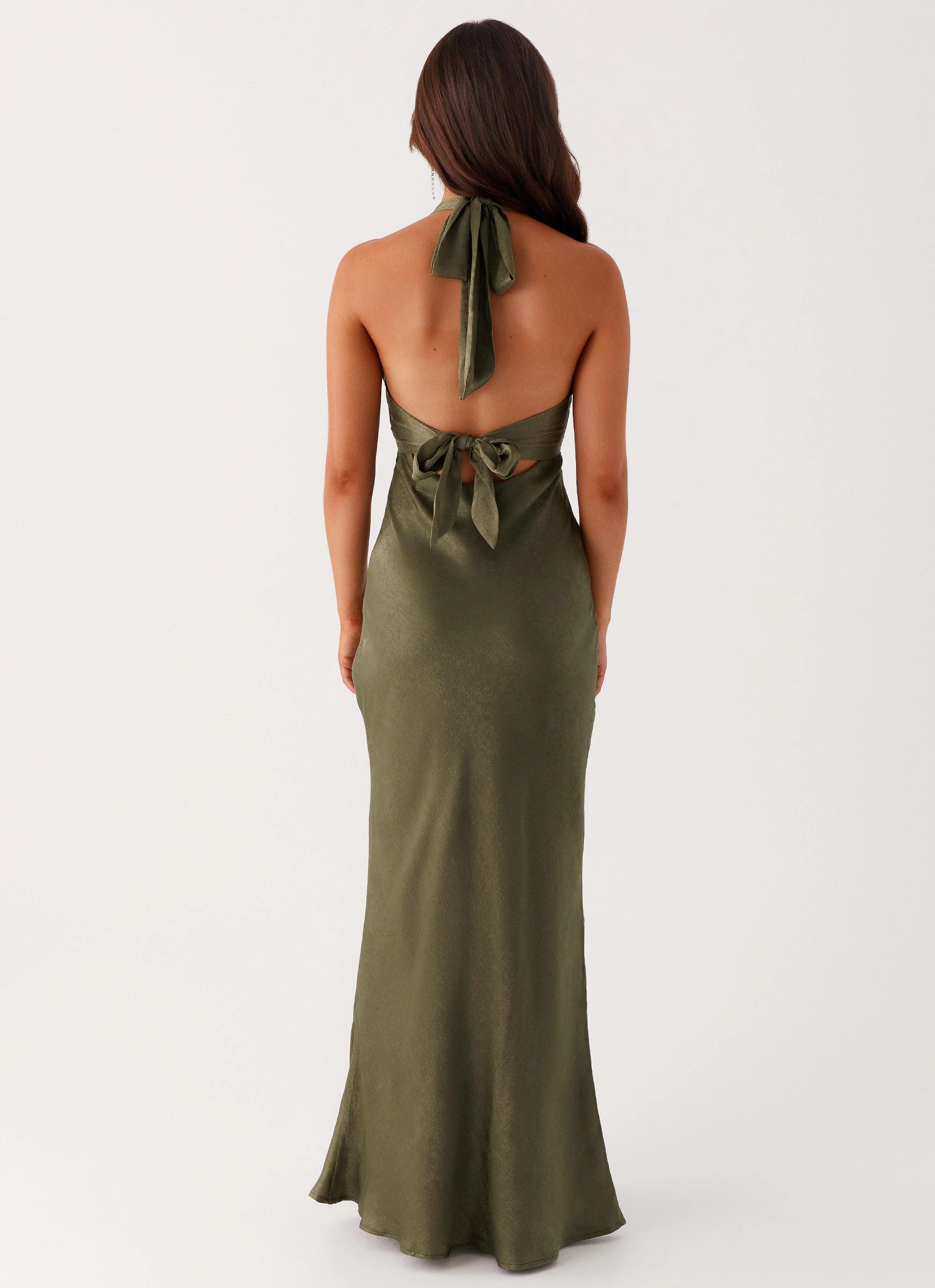 Silky Silhouette Heavy Hearted Satin Maxi Dress - Khaki