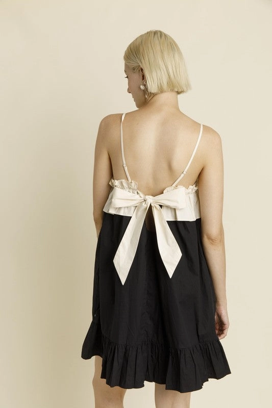 Reflective Accent Trim Chic Look Color Block Ruffle Mini Dress - Black