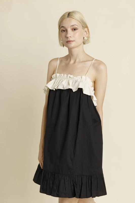 Ribbed Trim Details Color Block Ruffle Mini Dress - Black