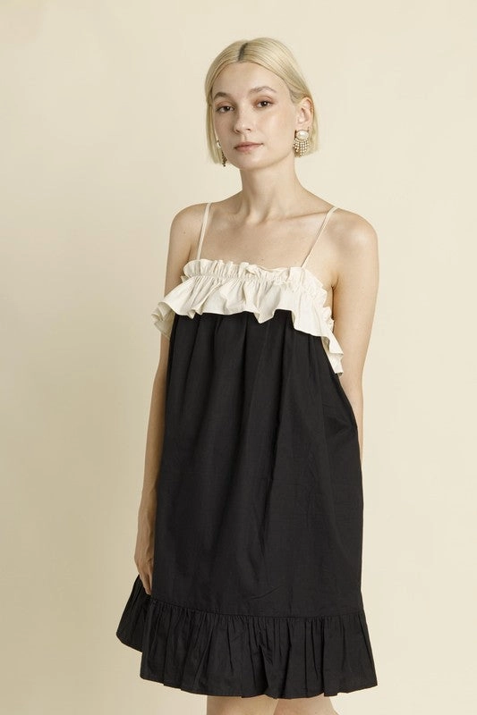 Loose Fit Color Block Ruffle Mini Dress - Black
