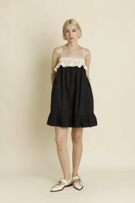 Business casual Color Block Ruffle Mini Dress - Black