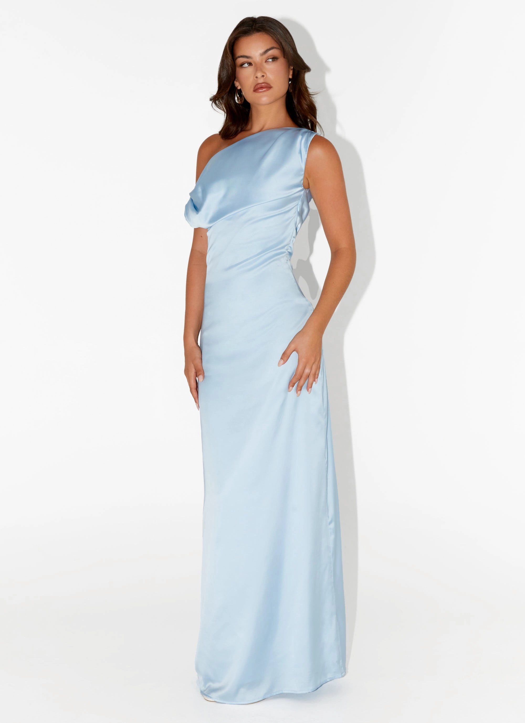 Elegant Mature Calm Energy Heart Of Glass Satin Maxi Dress - Blue