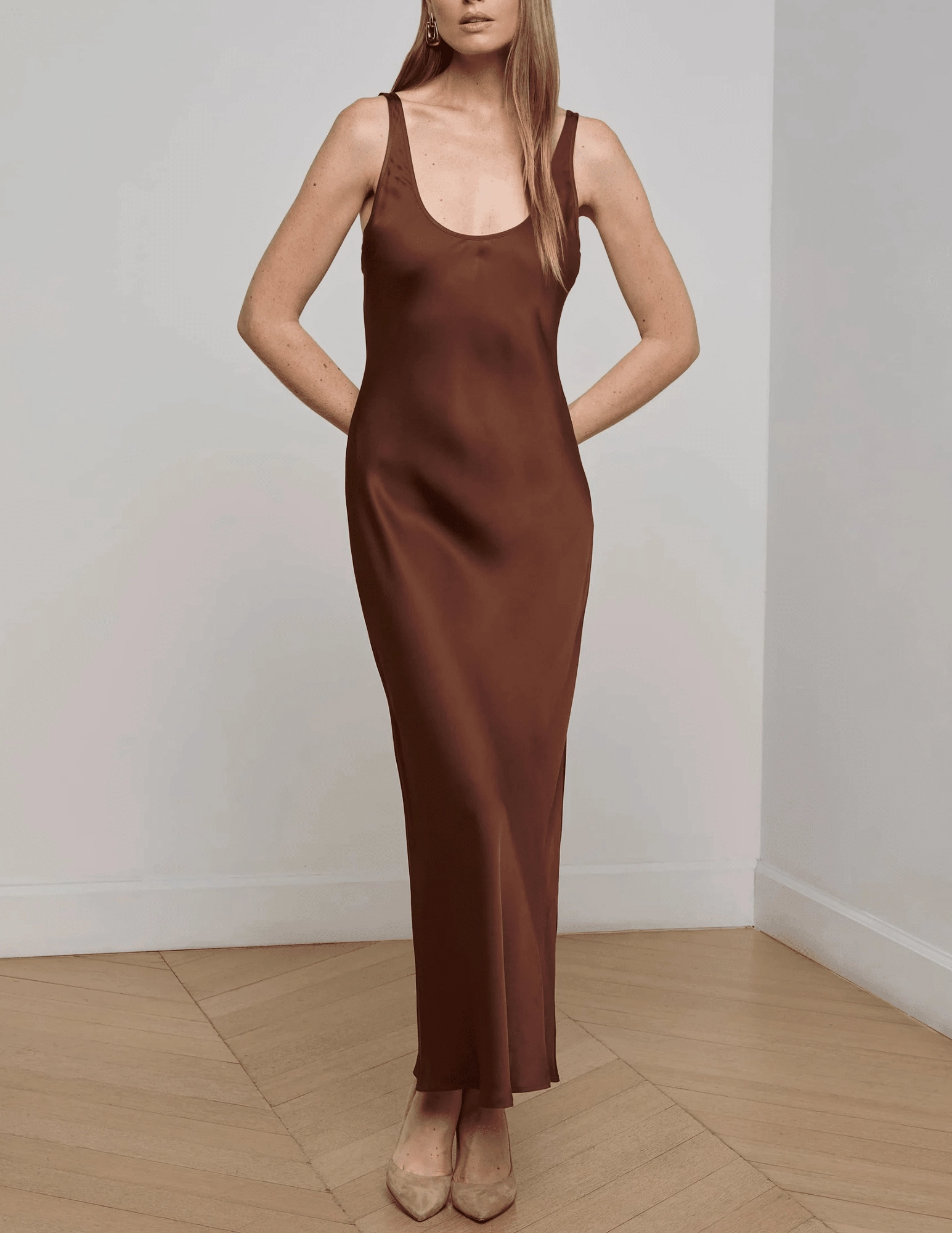 Moisture Wicking Fabric HypoallergenicFabric L'AGENCE Akiya Scoop Neck Midi Dress in Hot Fudge