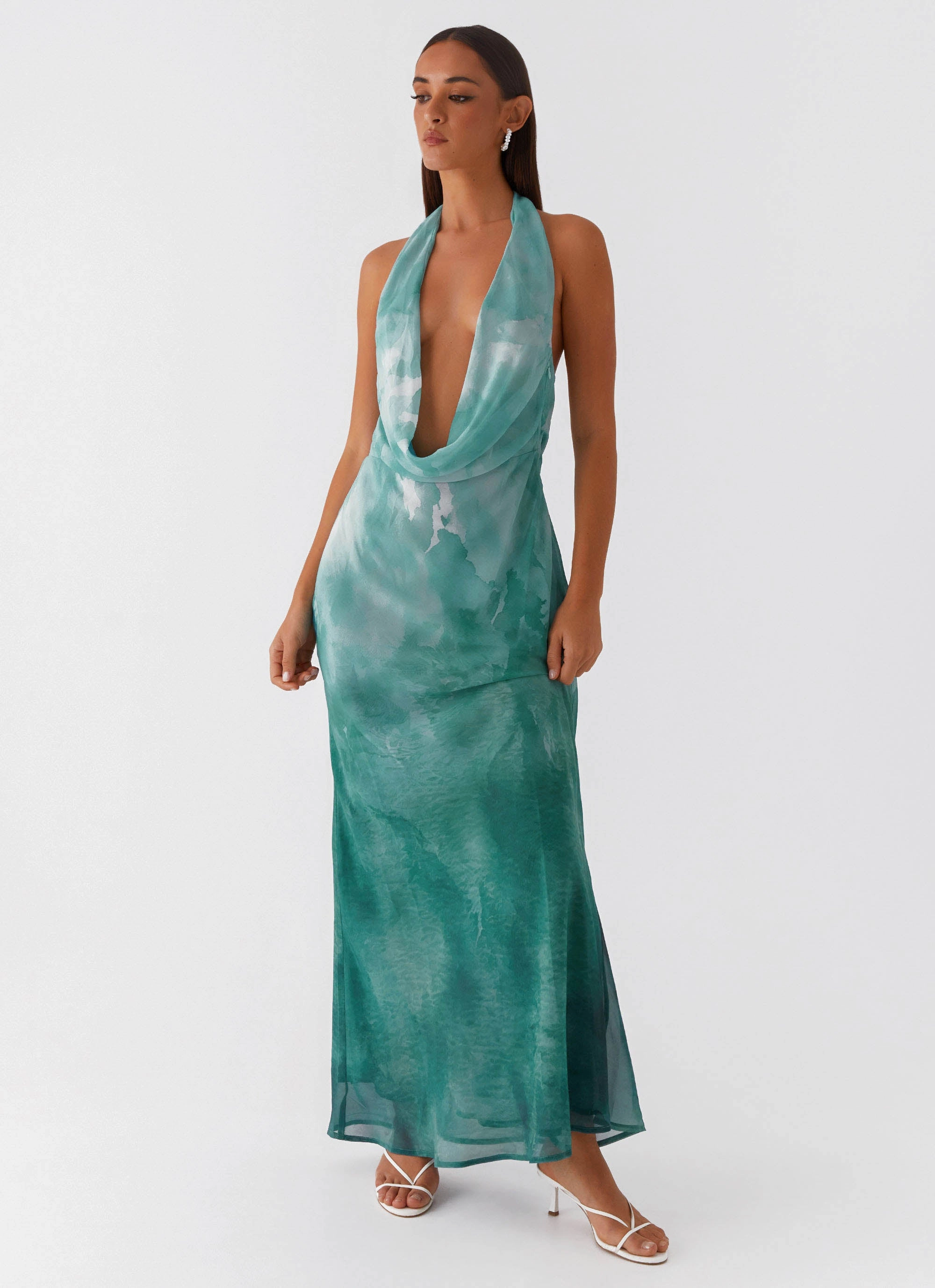 Bust-Enhancing Nerissa Cowl Neck Maxi Dress - Green Tie Dye