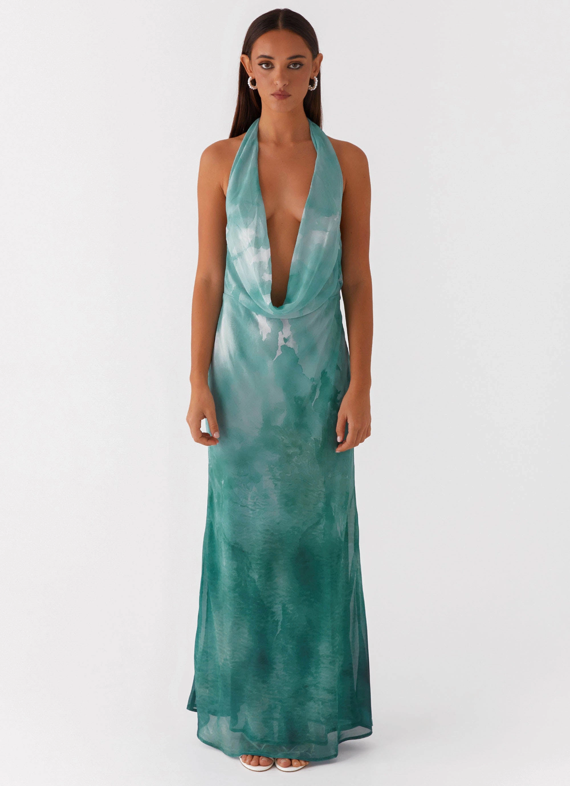 Sophisticated Line Nerissa Cowl Neck Maxi Dress - Green Tie Dye