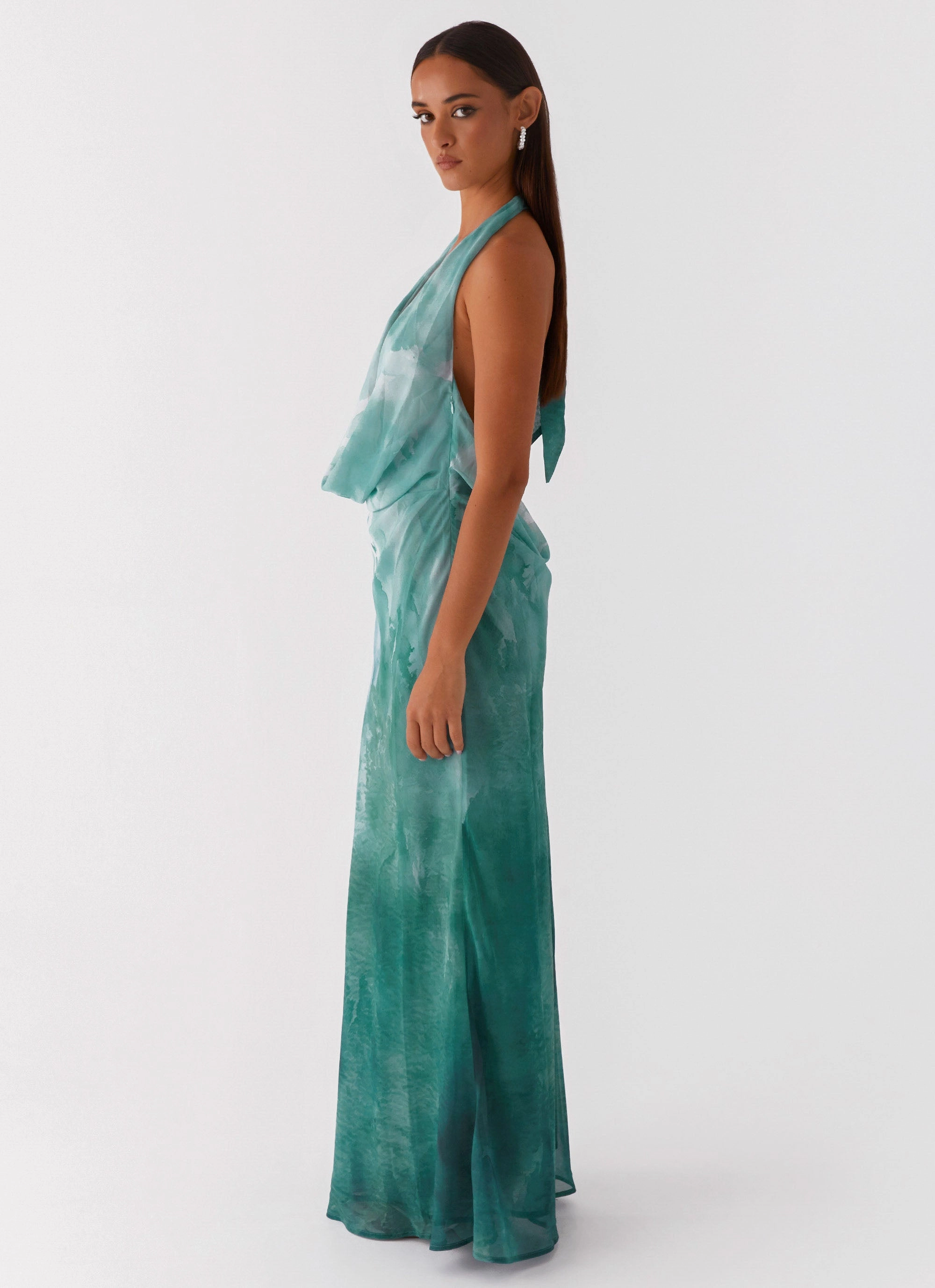 Minimalist-Style Nerissa Cowl Neck Maxi Dress - Green Tie Dye