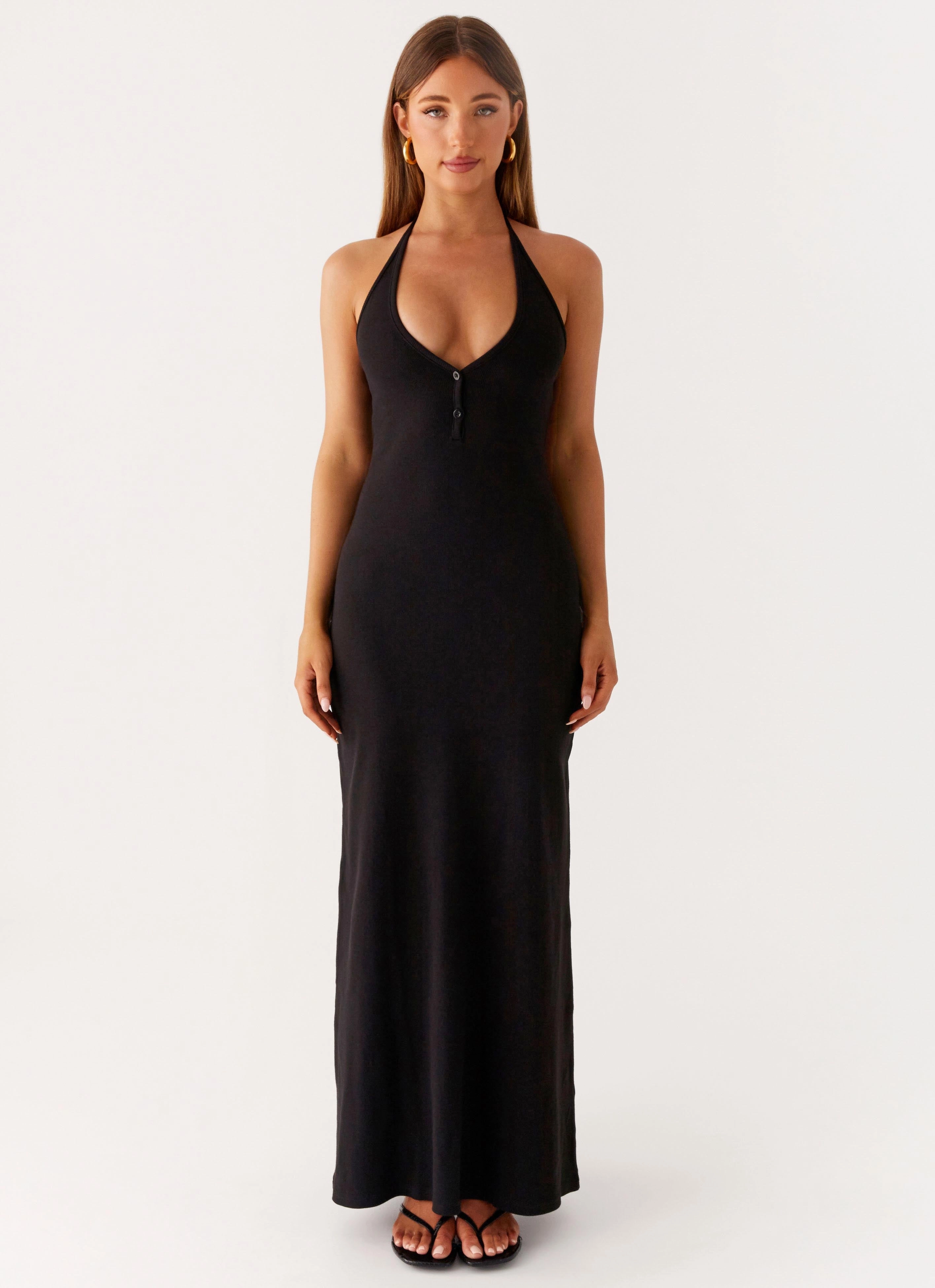 Yaselle Button Front Maxi Dress - Black Contrasting Detail