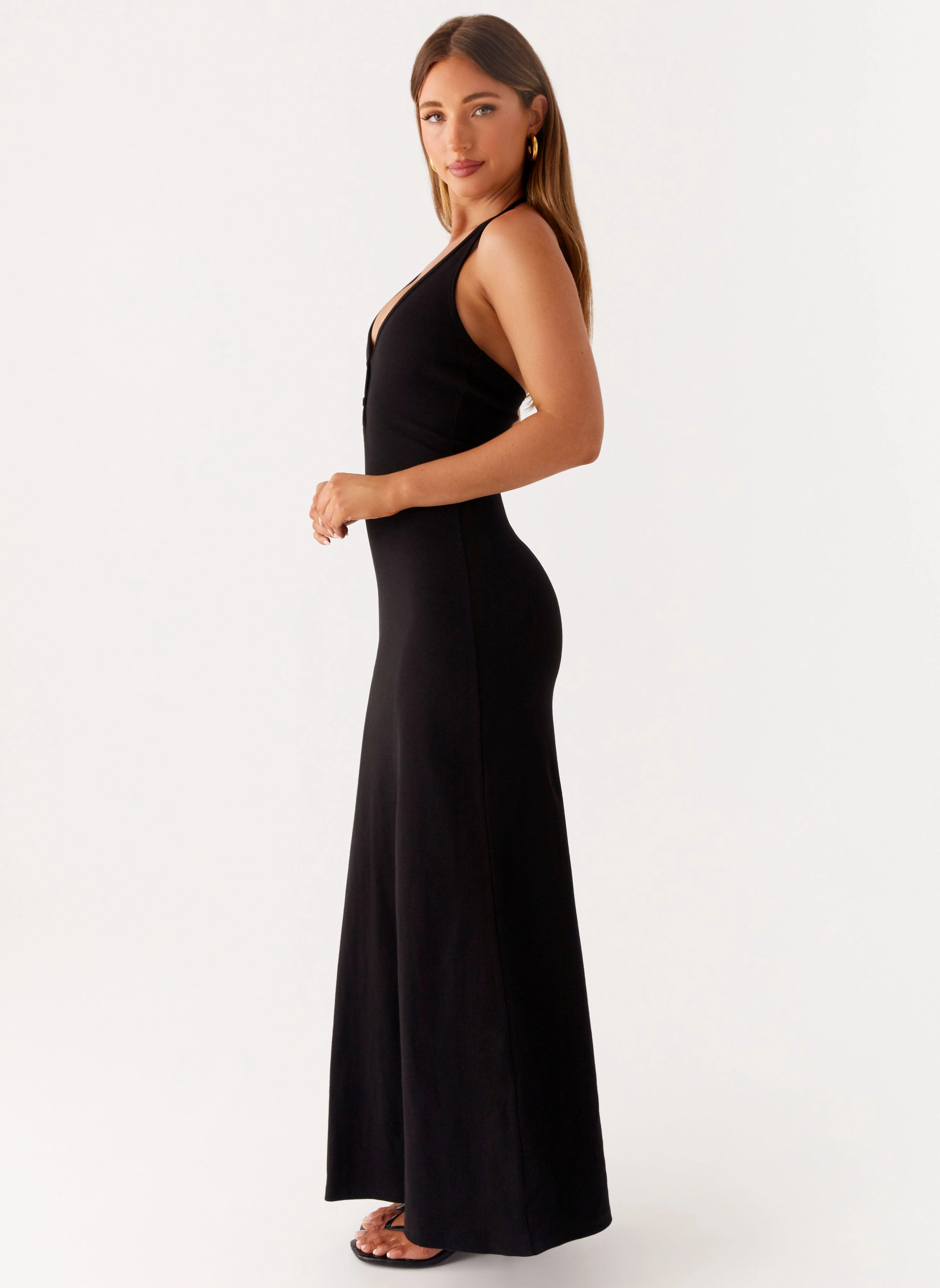 Yaselle Button Front Maxi Dress - Black Bless Glow Layered Volume